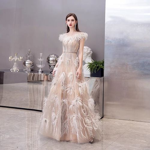 高端奢华重工羽毛晚礼服2021新款宴会拖尾气质修身主持晚宴礼服裙