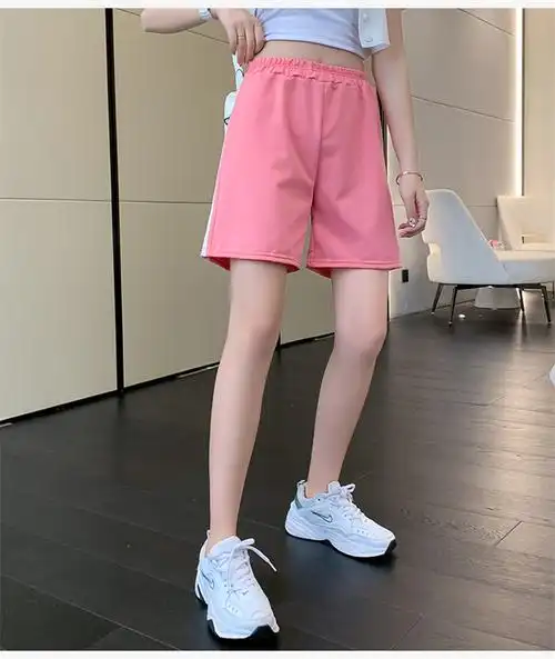 fgacct运动休闲短裤女2022夏学生条纹高腰中裤跑步宽松五分裤粉色l