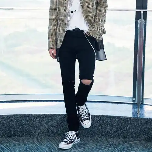 王一博李振宁同款潮牌破洞裤子一字水洗牛仔裤