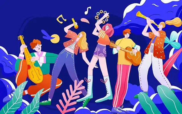 潮流音乐节欢乐开心嗨起来乐器唱歌手绘卡通插画海报扁平音乐节扁平