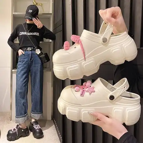 2024夏季diy绑带洞洞鞋女网红少女心凉拖外穿厚底eva两穿沙滩拖鞋