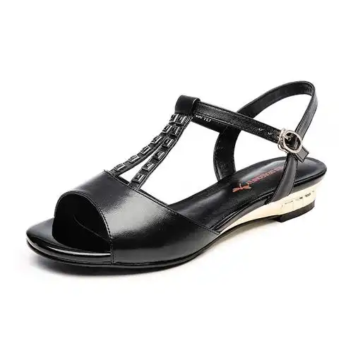 红蜻蜓女鞋新款凉鞋女夏中跟坡跟真皮百搭优雅丁字型女士凉鞋视频