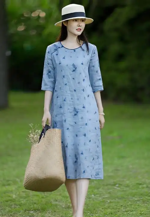 现货 苎麻改良旗袍裙民族风印花棉麻连衣裙碎花裙禅意复古茶服 - 17网