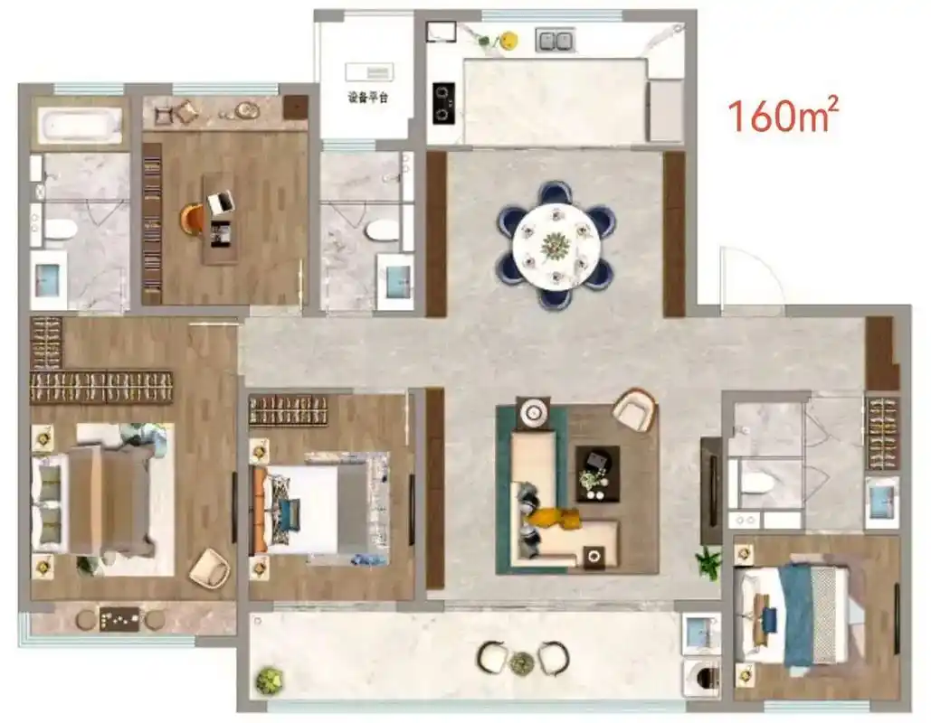 160平米的户型,配置了超大的给水阳台,就这一个亮点就可以打100分了