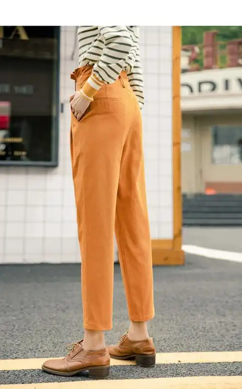 茵曼(inman)女士休闲裤 茵曼秋装新款棉质苞头高腰显高收褶萝卜裤九分