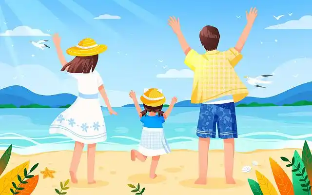 蓝色海滩一家三口插画海边人物夏天唯美天空蓝天白云夏日太阳草地风景