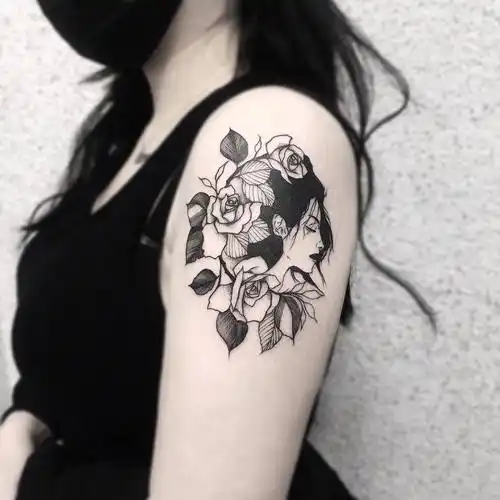 大臂黑灰玫瑰美女纹身图案 - 深圳纹彩刺青