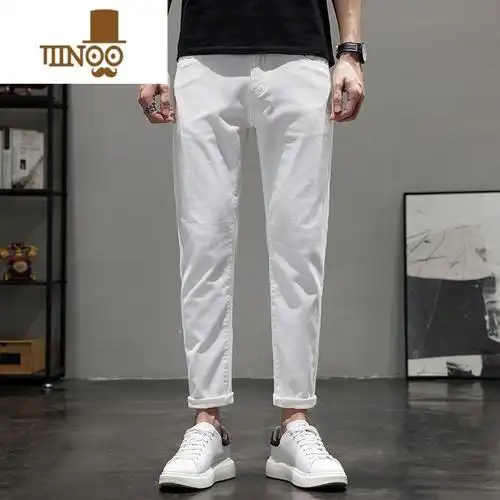 xu白色休闲裤男士夏季薄款直筒宽松韩版潮流百搭简约九分牛仔长裤子