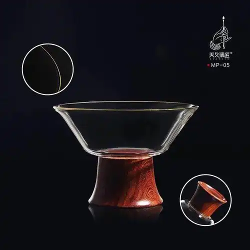 玻璃木底品杯玻璃茶具品茗杯茶杯个人杯木璃金边杯水杯茶具配件