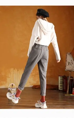 2019新款女式休闲裤可翻边松紧腰高腰哈伦裤九分裤女小脚裤女