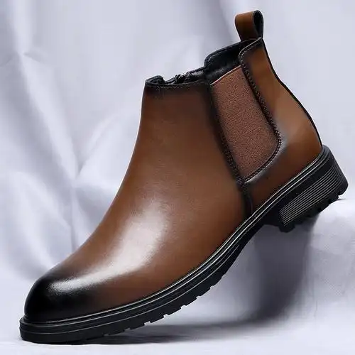 拉链切尔西短靴男英伦风一脚蹬高帮皮鞋真皮复古牛皮男士马丁靴潮