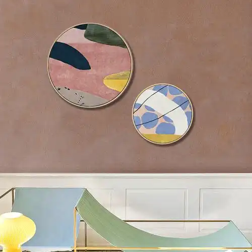 圆形装饰画现代简约抽象色彩卧室书房实木挂画客厅现代装饰画
