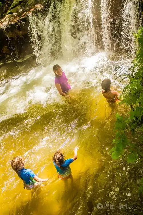 家庭在热在森林里的河里游泳
