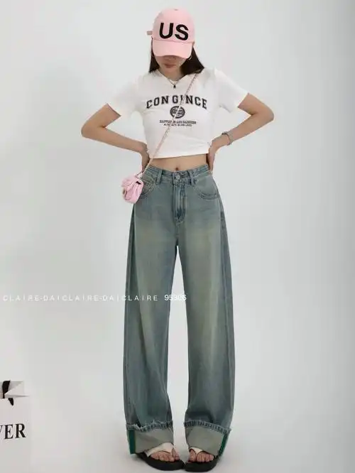 牛仔裤 新款 女95306蓝色高腰显瘦显高拖地阔腿裤 代嘉儿2024春季 -