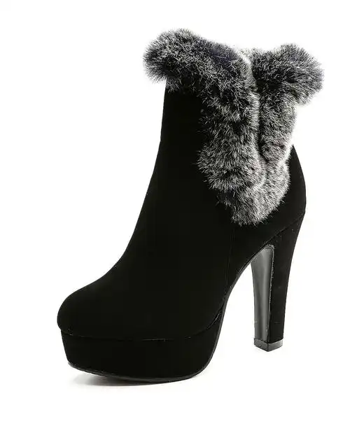 黑色高贵典雅毛口装饰细高跟女士短靴