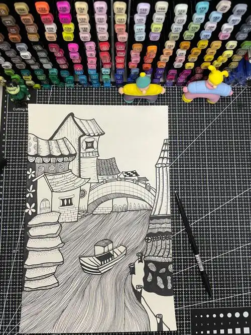 江南风景黑白装饰画附步骤