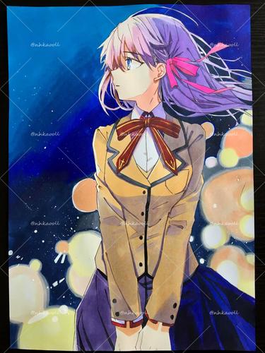纯手绘马克笔画美少女间桐樱fate动漫二次元人物插画装饰画成品