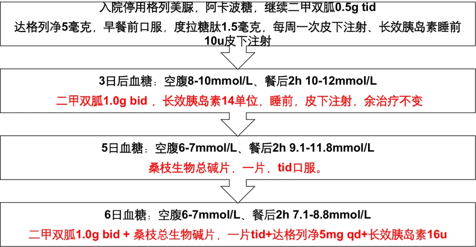 治疗方案调整原方案格列美脲4mg qd阿卡波糖50mg tid二甲双胍0.