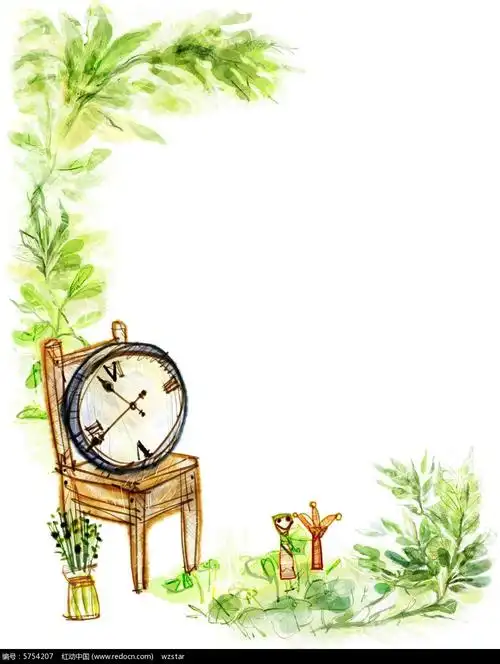 时钟绿树手绘插画psd海报素材