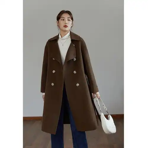dushu独束大码女装双排扣毛呢外套女冬季新款胖mm羊毛双面呢大衣摩卡