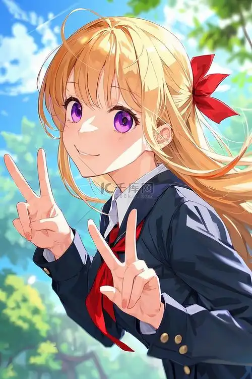 甜美青春风二次元单手比耶的活力少女插图