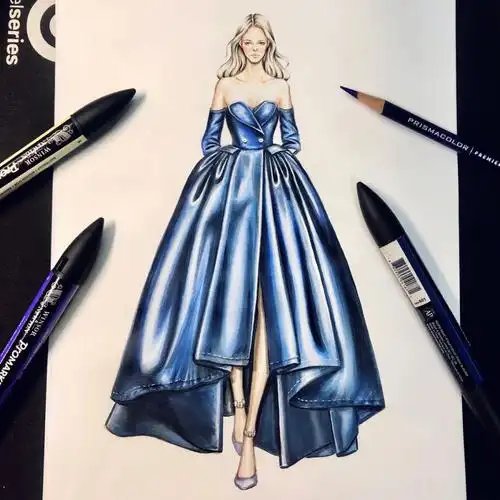 stacy马克笔时装画分享蓝色丝缎礼服