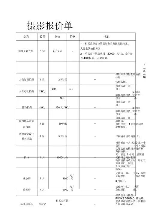 摄影报价单