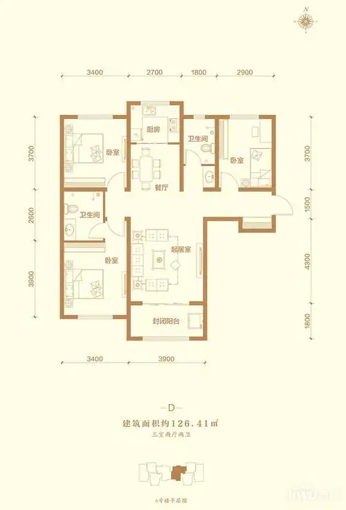 41平米三室两厅两卫户型图_首付金额_3室2厅2卫_126.41平米 - 吉屋网