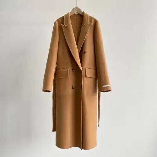 21年秋冬新款韩版羊绒大衣 大连女装工厂双排扣毛呢外套