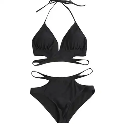 新款韩版性感温泉度假比基尼黑色露背分体三点式比基尼