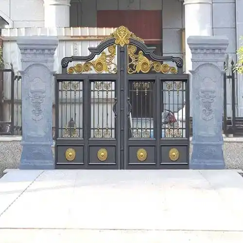 石雕门柱黄金麻欧式铁艺门口石柱子大理石分体实心门柱门墩雕塑摆件