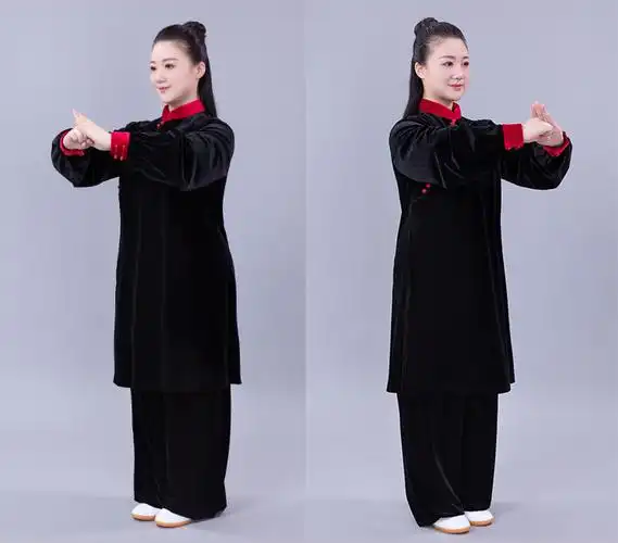 太极服女男秋冬加厚金丝绒太极拳表演服武术练功服健身气功服 黑色直