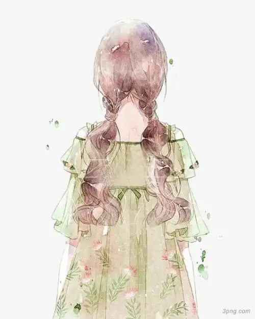 绿衣女孩背影png素材透明免抠图片卡通手绘