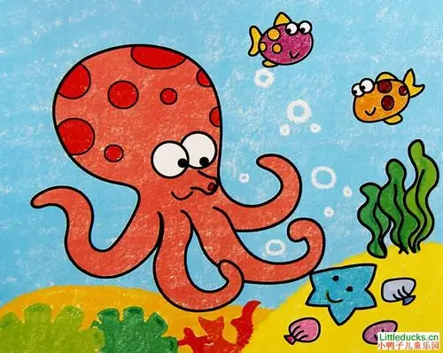 儿童绘画作品怎样画章鱼,,油画棒_小鸭子儿童乐园