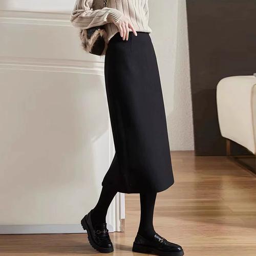 春秋黑色直筒毛呢半身裙女秋冬新款中长裙高腰显瘦职业包臀一步裙