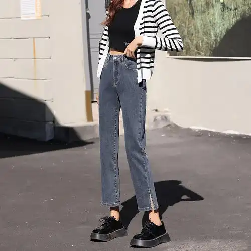 实拍开叉直筒牛仔裤女秋季2021秋款女装新款高腰小个子阔腿烟管裤