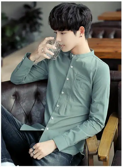 青少年男士衬衫韩版修身纯色英文绣花打底衫立领长袖帅气有型内搭