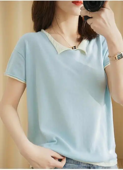 棉麻v领针织短袖女春夏新款文艺宽松大码打底衫薄上衣纯棉半袖t恤