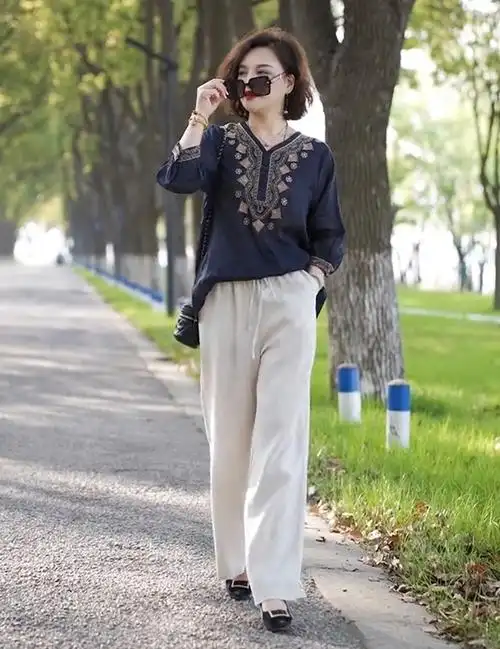 官图 亚麻阔腿裤女夏高腰垂感宽松大码松紧腰直筒裤复古棉麻裤子 - 17