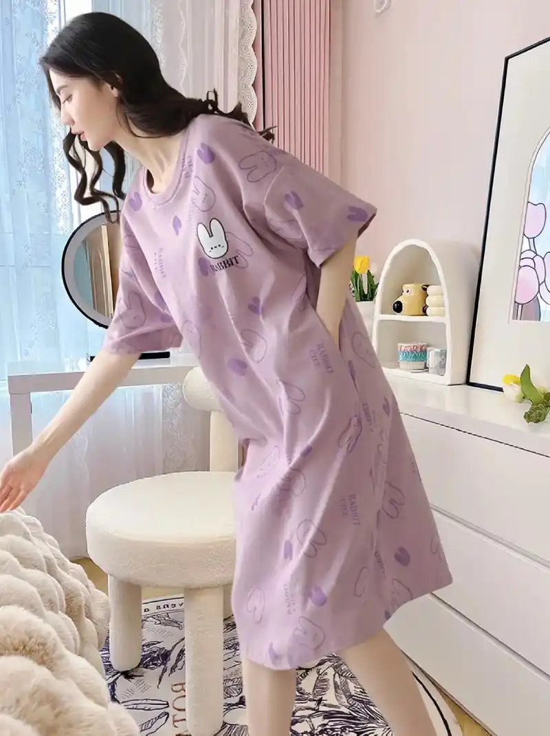 这款带胸垫睡裙女夏季宽松薄款一体夏款睡衣短袖网红风韩范春秋可