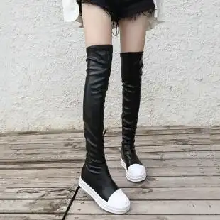 高筒靴女过膝皮面平底秋冬新款厚底长筒皮靴百搭显瘦弹力皮休闲靴