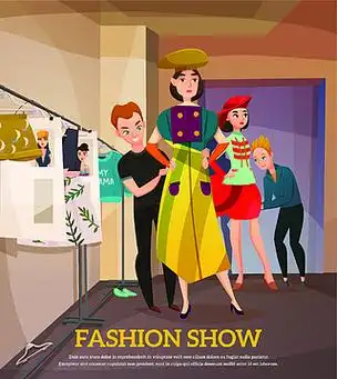 颜六色的服装塑造有帽子的在后台在时装表演期间导航例证时装秀后台图
