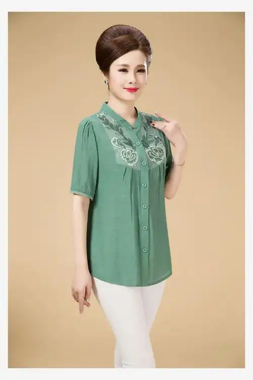 中老年女装 短袖 棉麻衬衣短