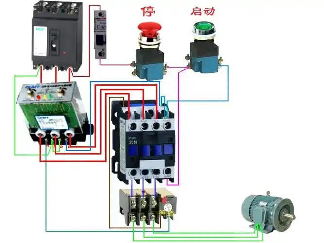 1空开十电机保护器十交流接触器十热継电器十电机的实物接线图以及