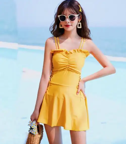 鲨巴特(sbart)女士泳衣 游泳衣女仙女范温泉连体平角保守显瘦遮肚韩国