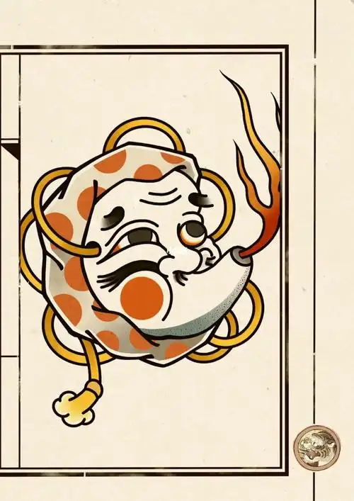 日式老传统火男面具纹身手稿