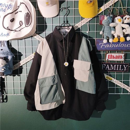 岸港秋季vibe风美式复古拼接衬衫男长袖设计感痞帅气休闲宽松衬衣外套