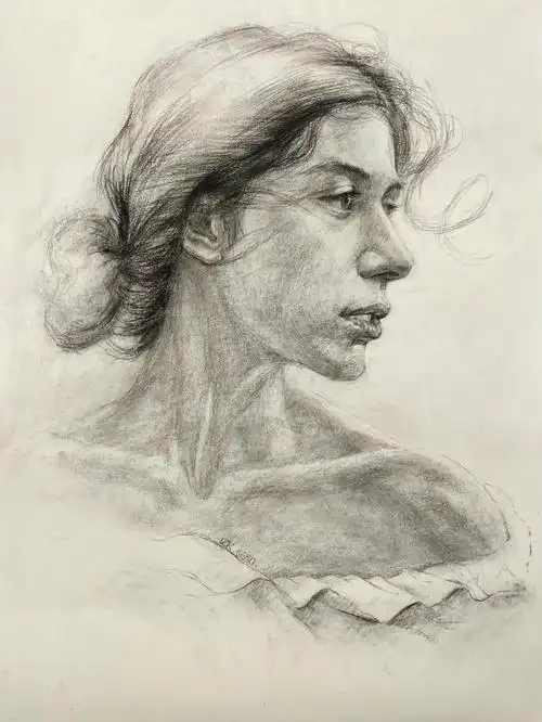 炭笔素描头像女侧面步骤分享