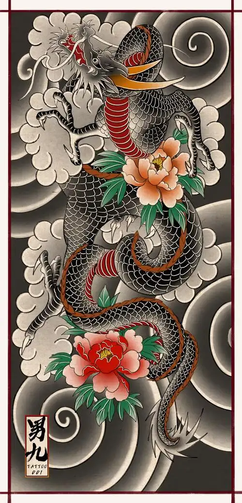 传统龙纹身手稿装饰画满背手稿tattoo男九原创