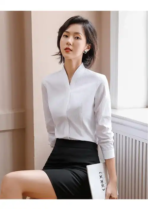 南航航空空姐制服空乘面试职业装女无领白衬衫工作服服装v领衬衣 纯白